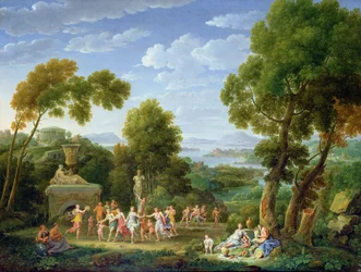 Eine bewaldete italienische Landschaft mit tanzenden Nymphen, 1728